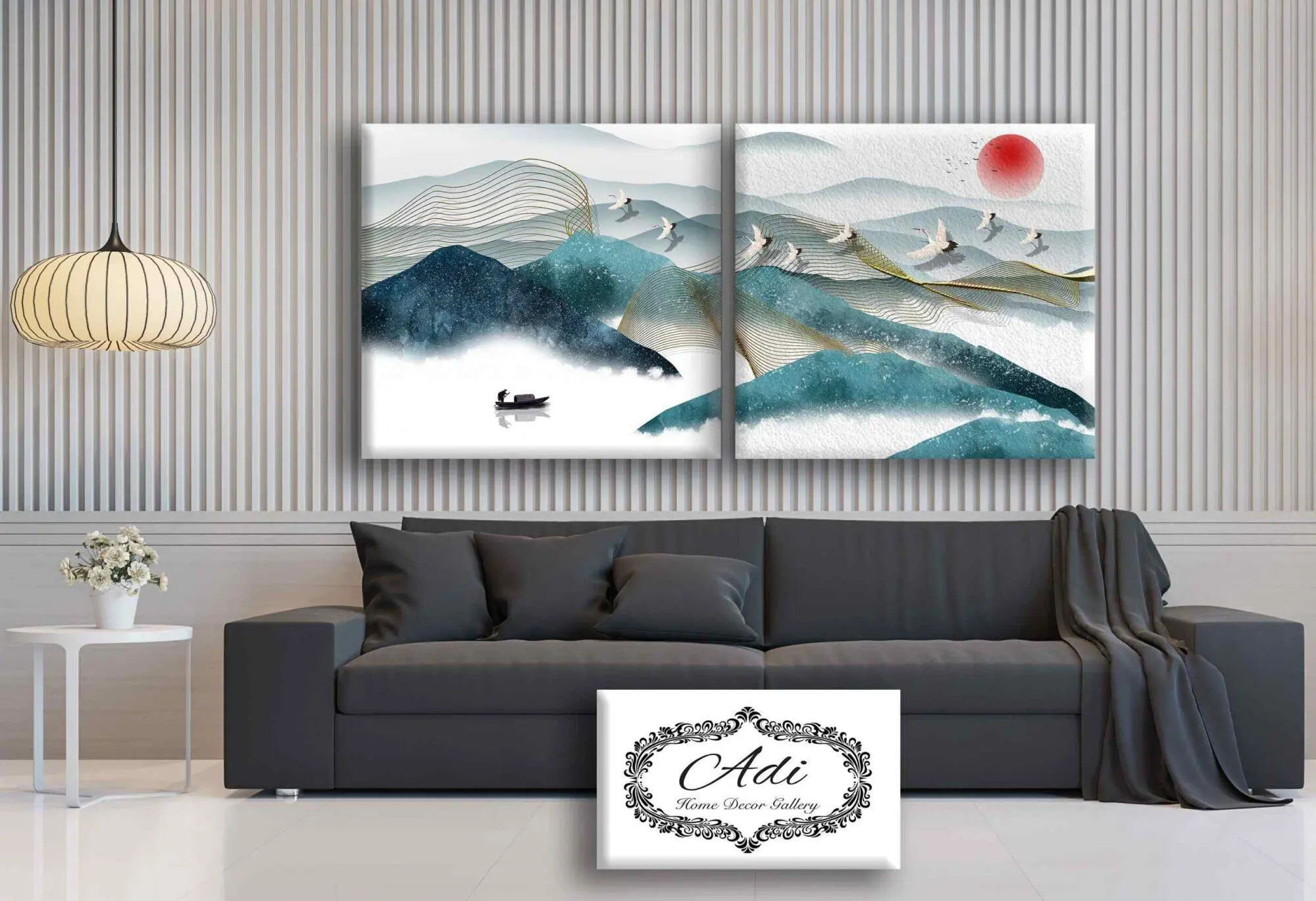 זוג תמונות הרים נוף אומנות טורכיז כחול זהב צהוב ציפורים