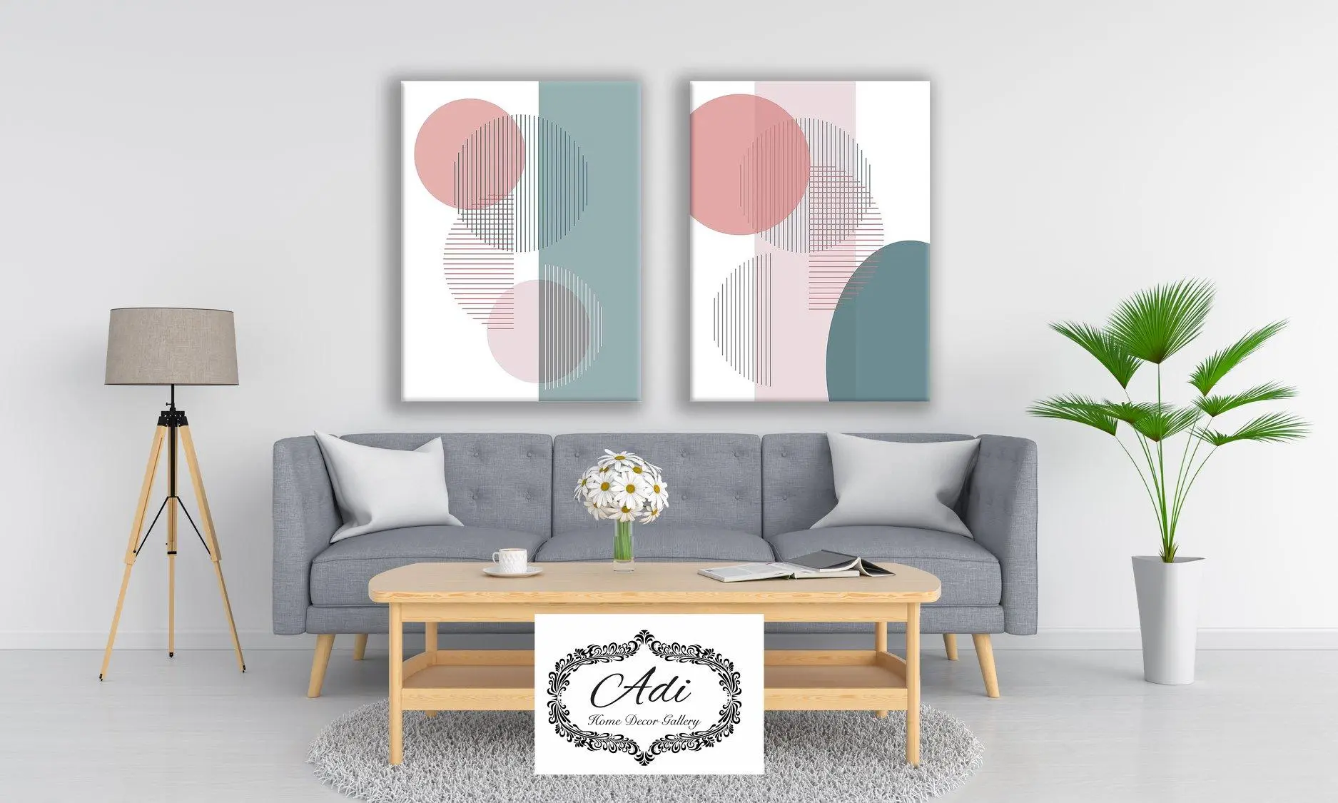 זוג תמונות נורדי מנימליסטי כחול ורוד גאומטרי