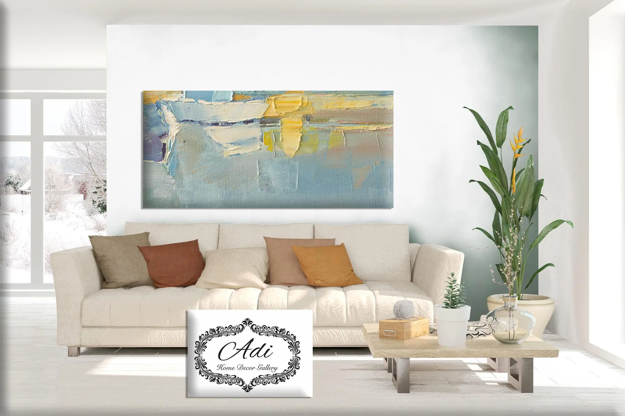 תמונה אבסטרקט מריחות צבע פסטל תכלת טורכיז צהוב חרדל