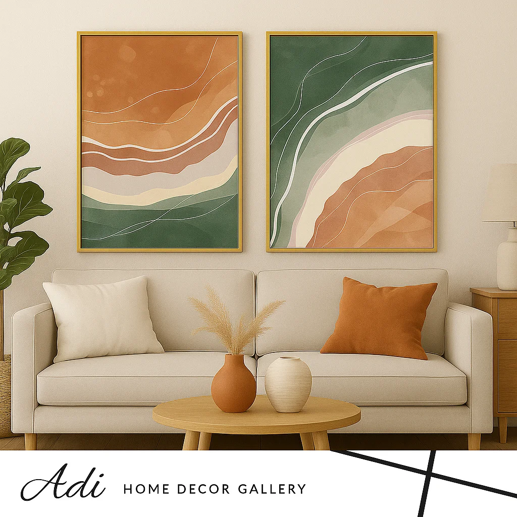 זוג תמונות אבסטרקט בגוונים ירוק וכתום