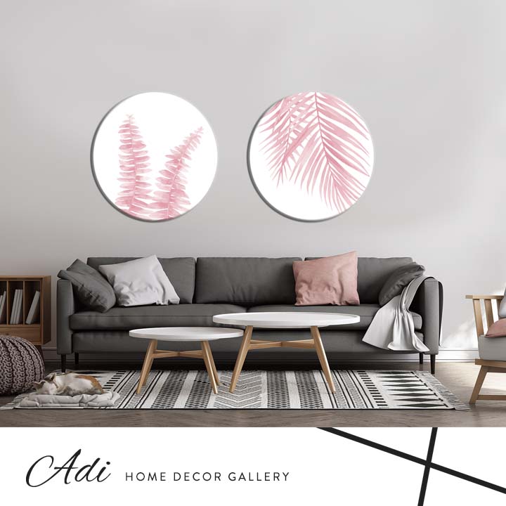 זוג תמונות עגולות של עלים נורדי ורוד