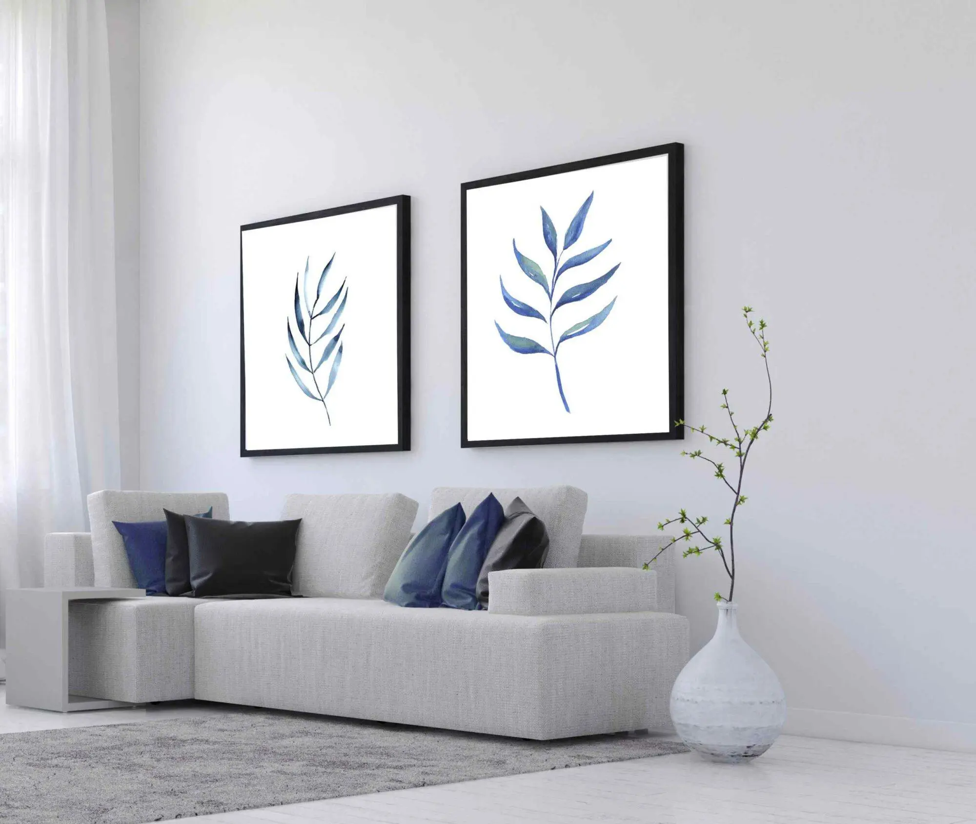 זוג תמונות עלים בגווני תכול רקע בהיר