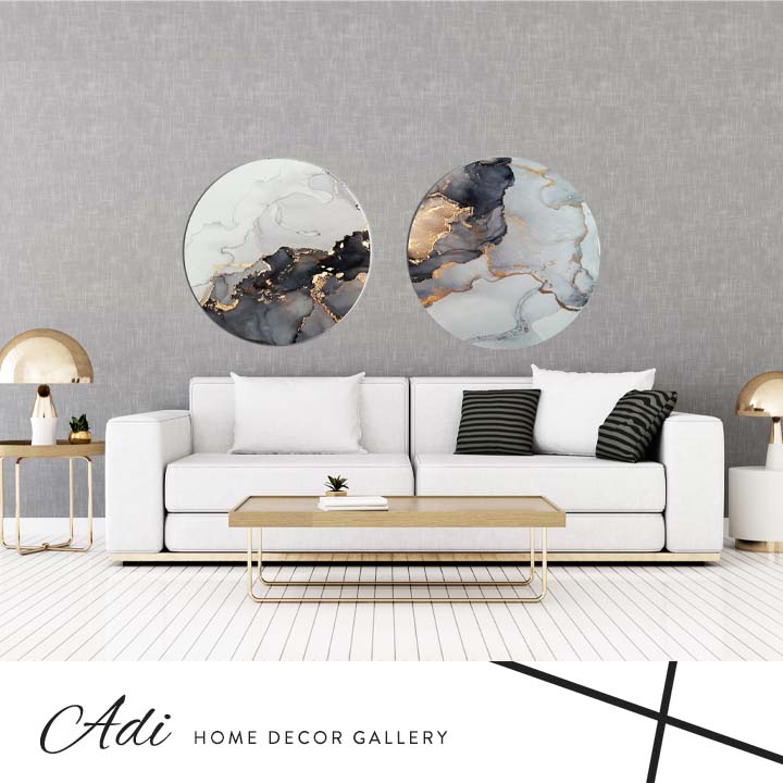 זוג תמונות עגולות אבסטרקט זהב אפור שחור