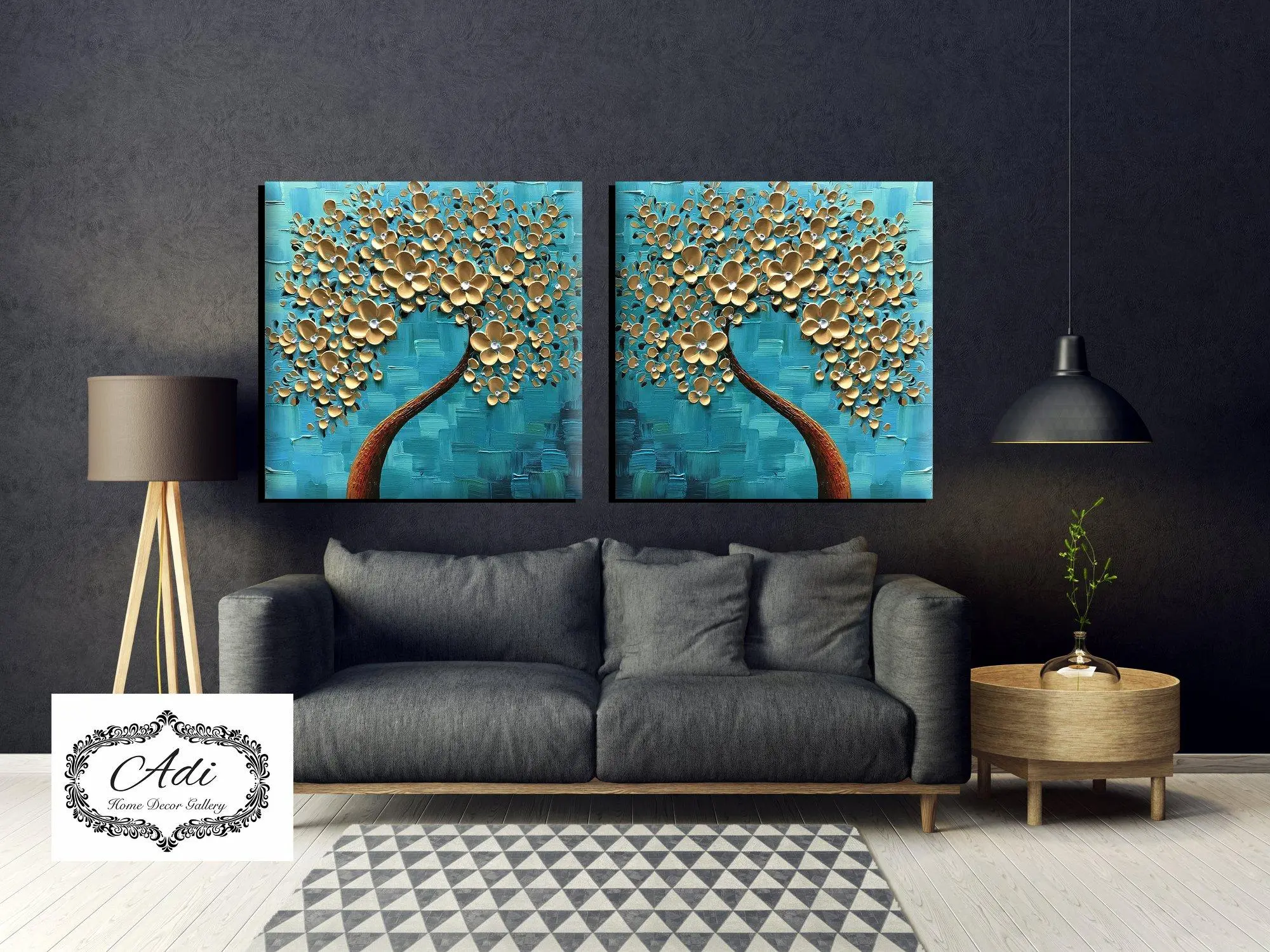 זוג תמונות עצים זהב רקע טורכיז אומנותי