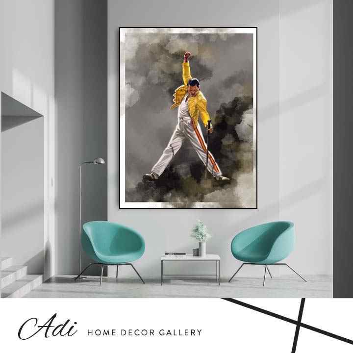 תמונת קנבס מעוצבת של פרדי מרקורי האגדי תמונה מרשימה בגוונים לבן צהוב אפור