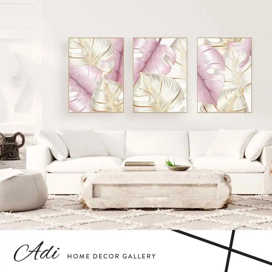 שלישיית תמונות קנבס עם עלים בצבע ורוד וזהב