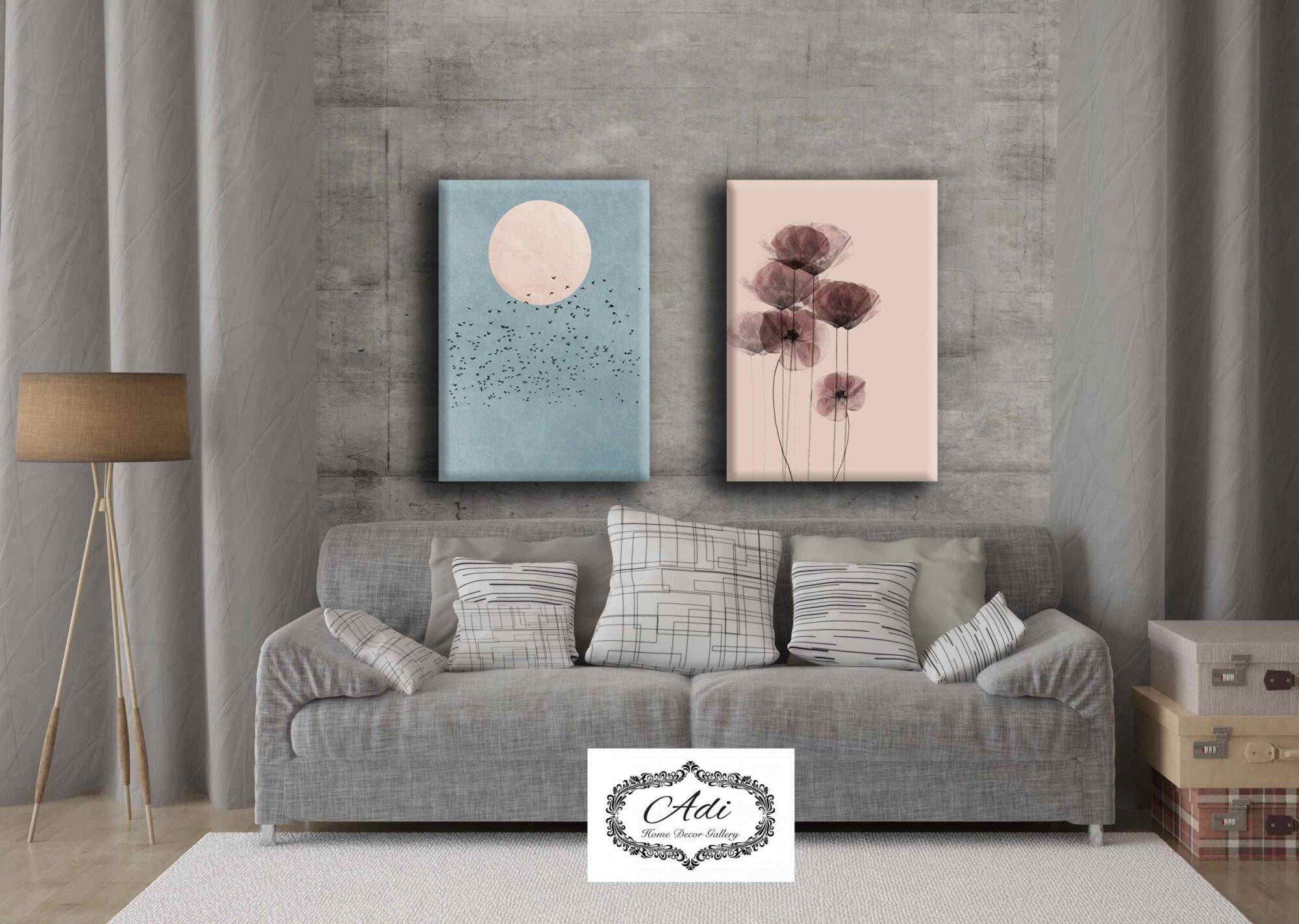 זוג תמונות של פרח ציפורים נוף סגנון נורדי