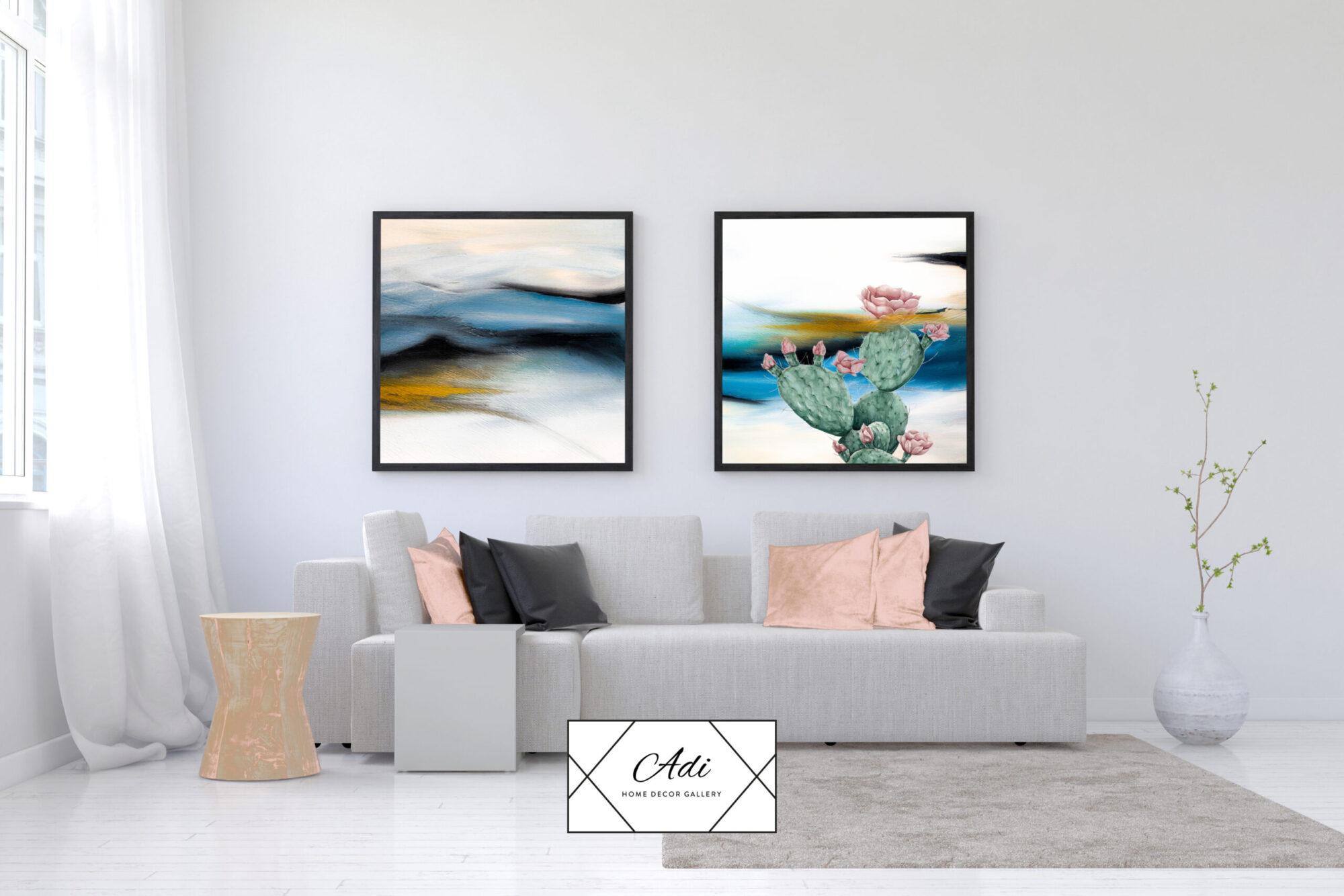 זוג תמונות אומנותיות בצבעיח ירוק צהוב כחול וקקטוס