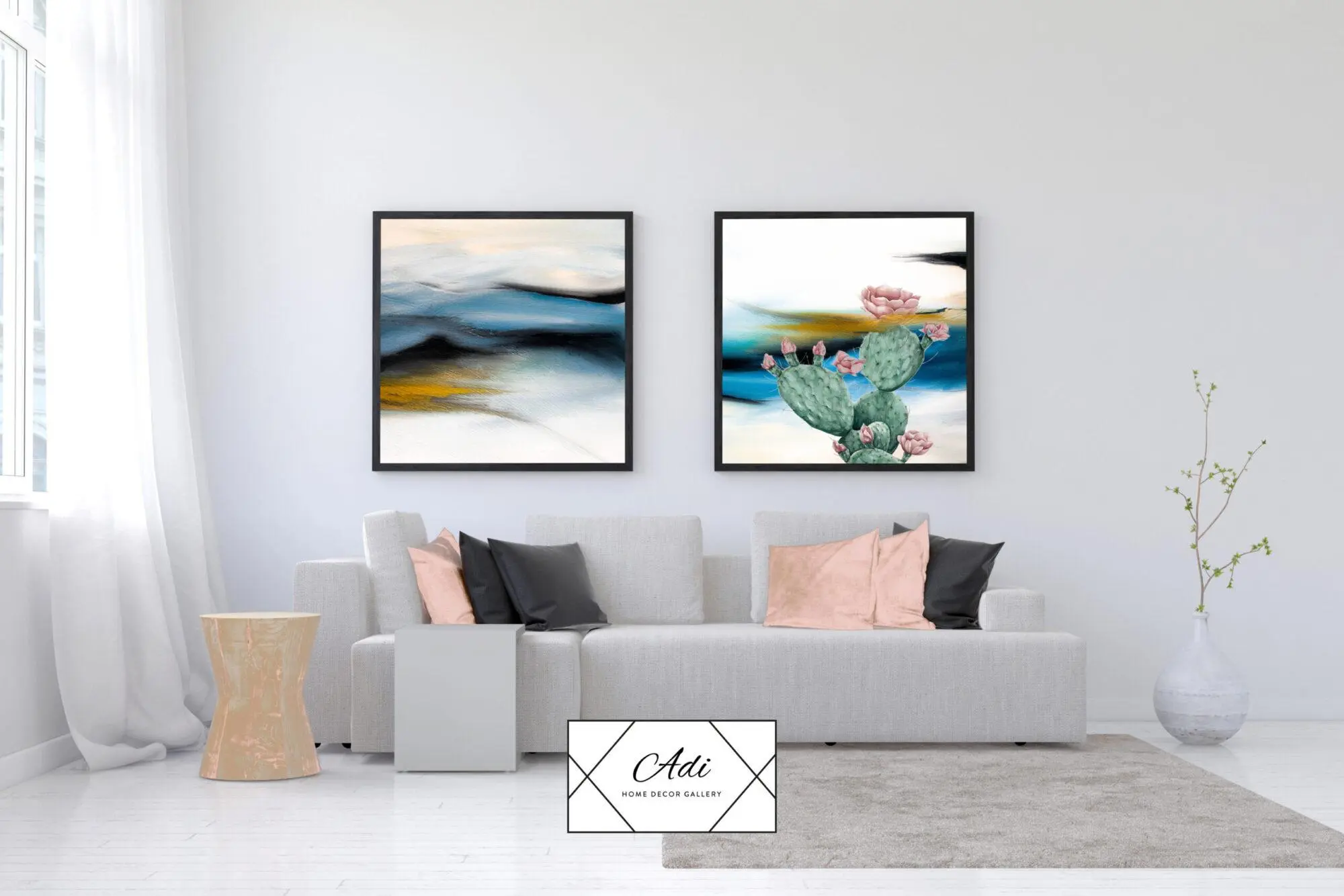 זוג תמונות אומנותיות בצבעיח ירוק צהוב כחול וקקטוס