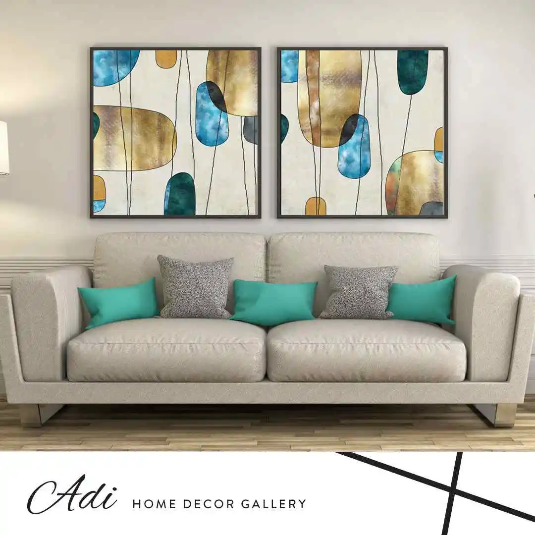 זוג תמונות קנבס אבסטרקט חרדל זהב טורכיז
