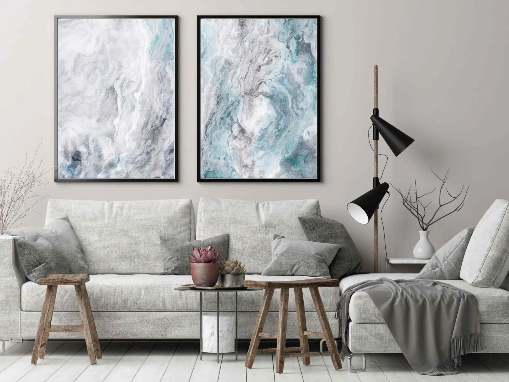 זוג תמונת אבסטרקט גווני אפור וטורכיז