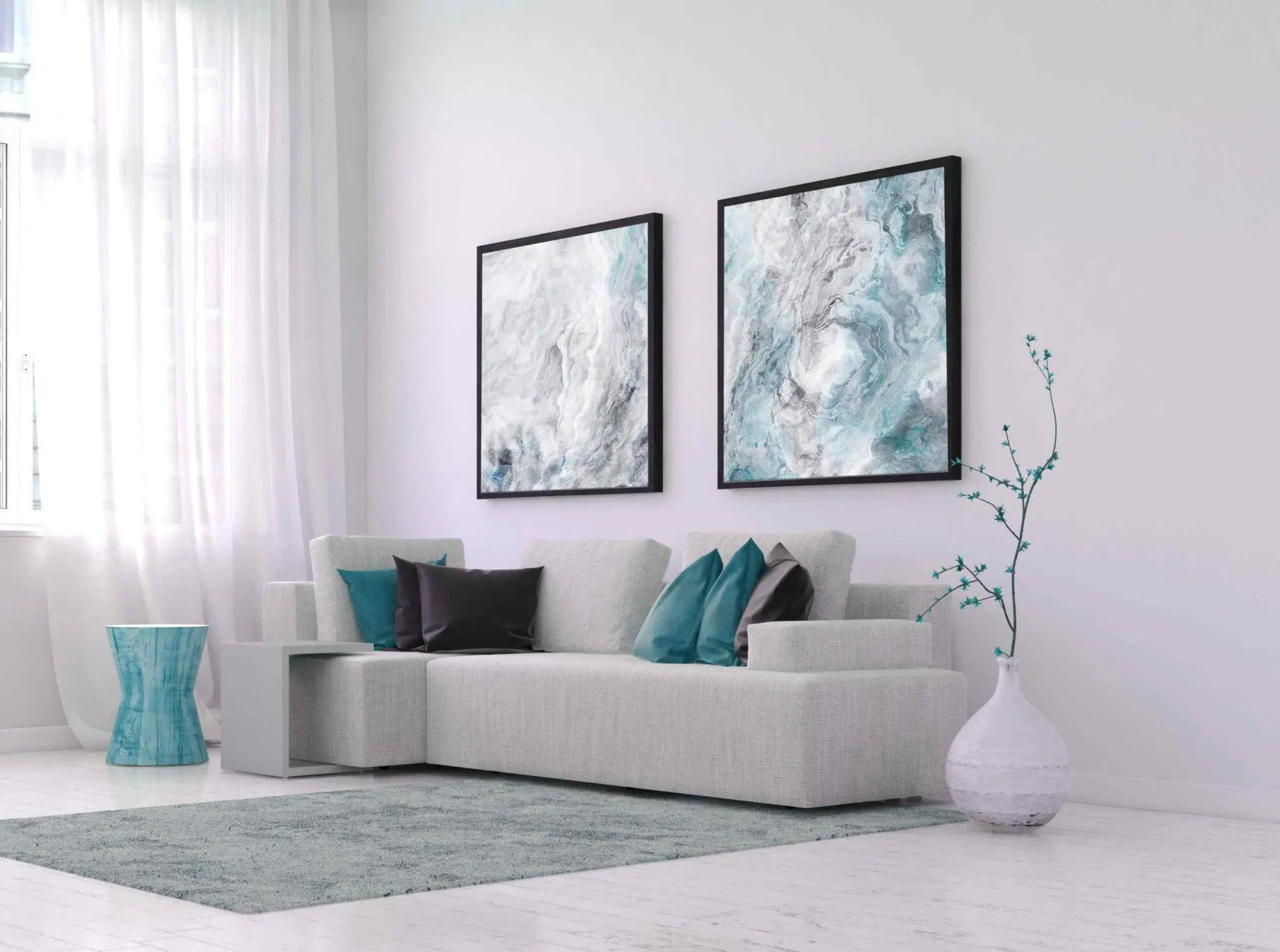 זוג תמונות אבסטרקט בגווני אפור וטורכיז
