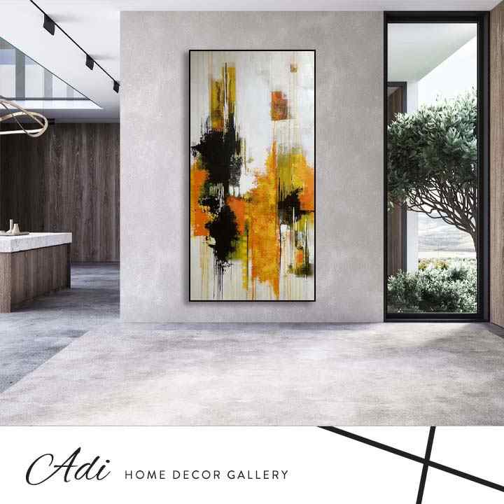 תמונת קנבס גדולה ומועצבת בעלת גוונים חמים כתום צהוב לבן