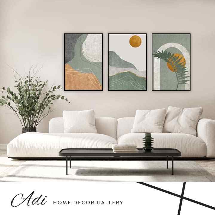 שלישיית תמונות קנבס בגוונים של ירוק חרדל לבן