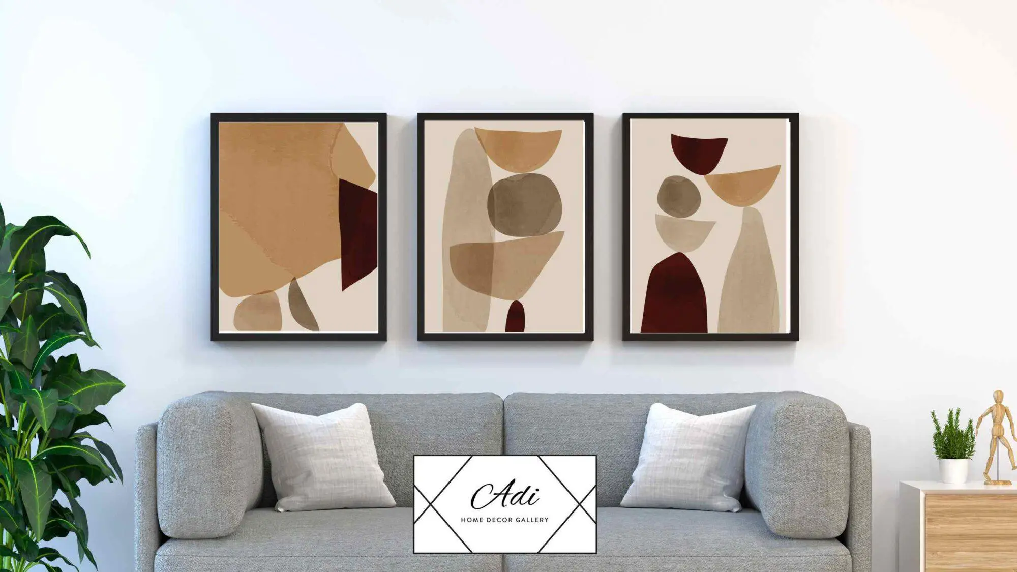 שלישית תמונות קנבס של ציור מינימליסטי חום בורדו