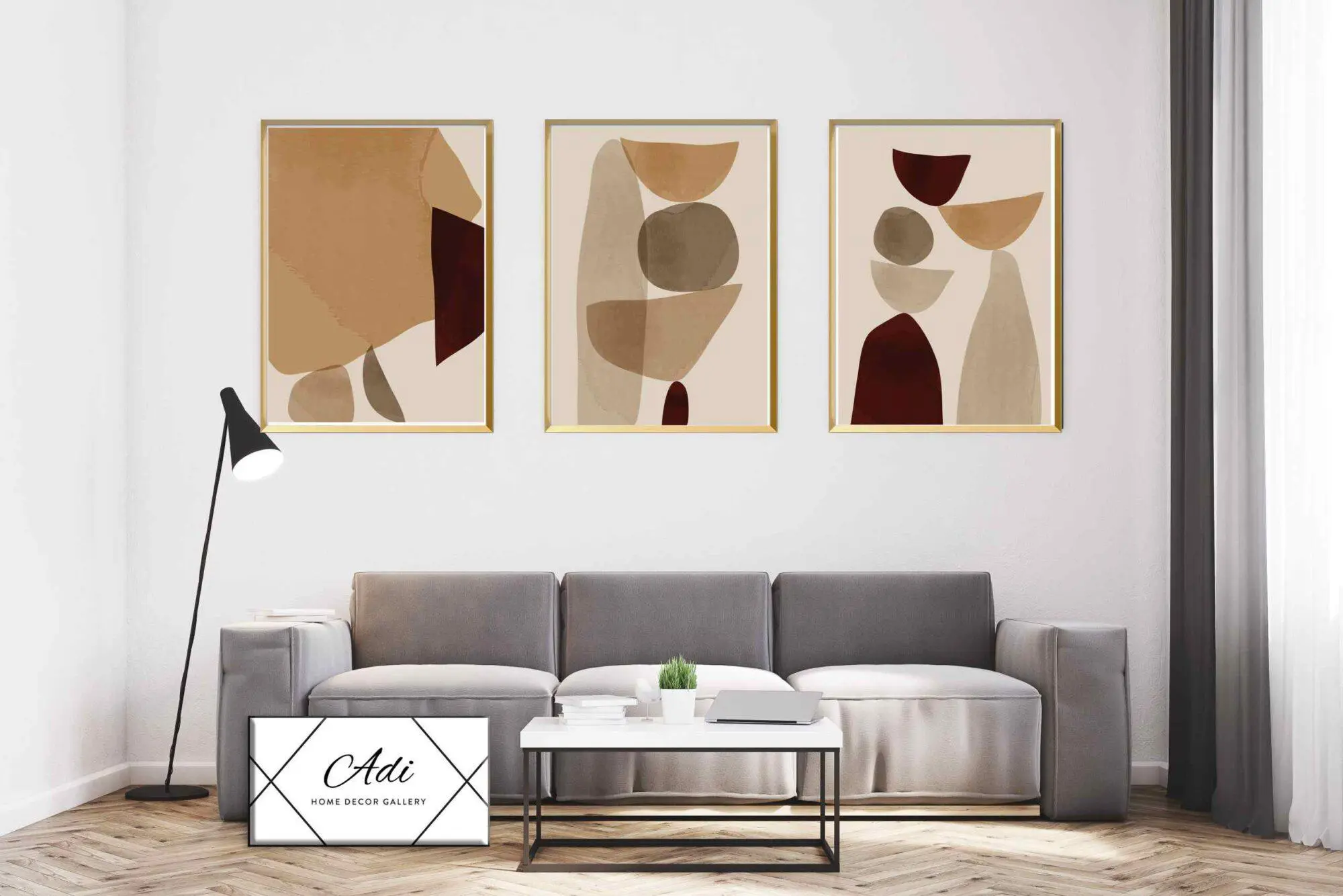 שלישית תמונות קנבס של ציור מינימליסטי חום בורדו מסגרת זהב