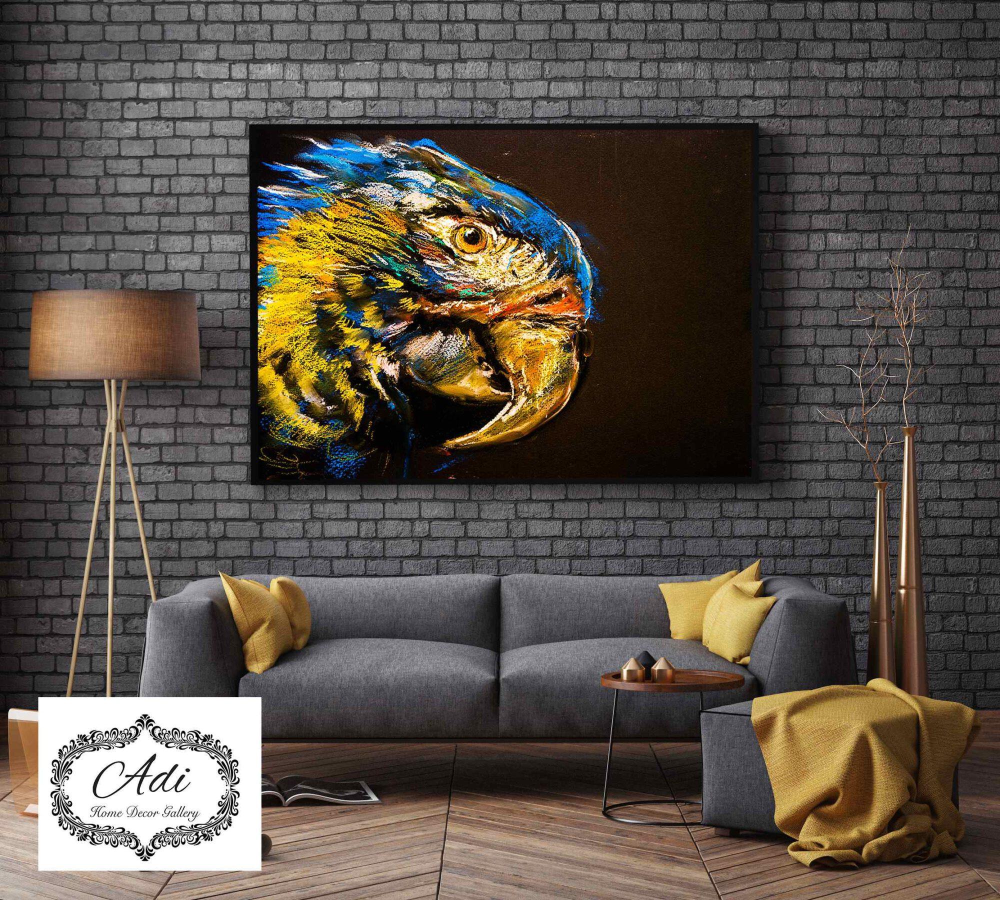 תמונה של טוקי צבעוני ציפור אומנותי טורכיז חרדל רקע כהה