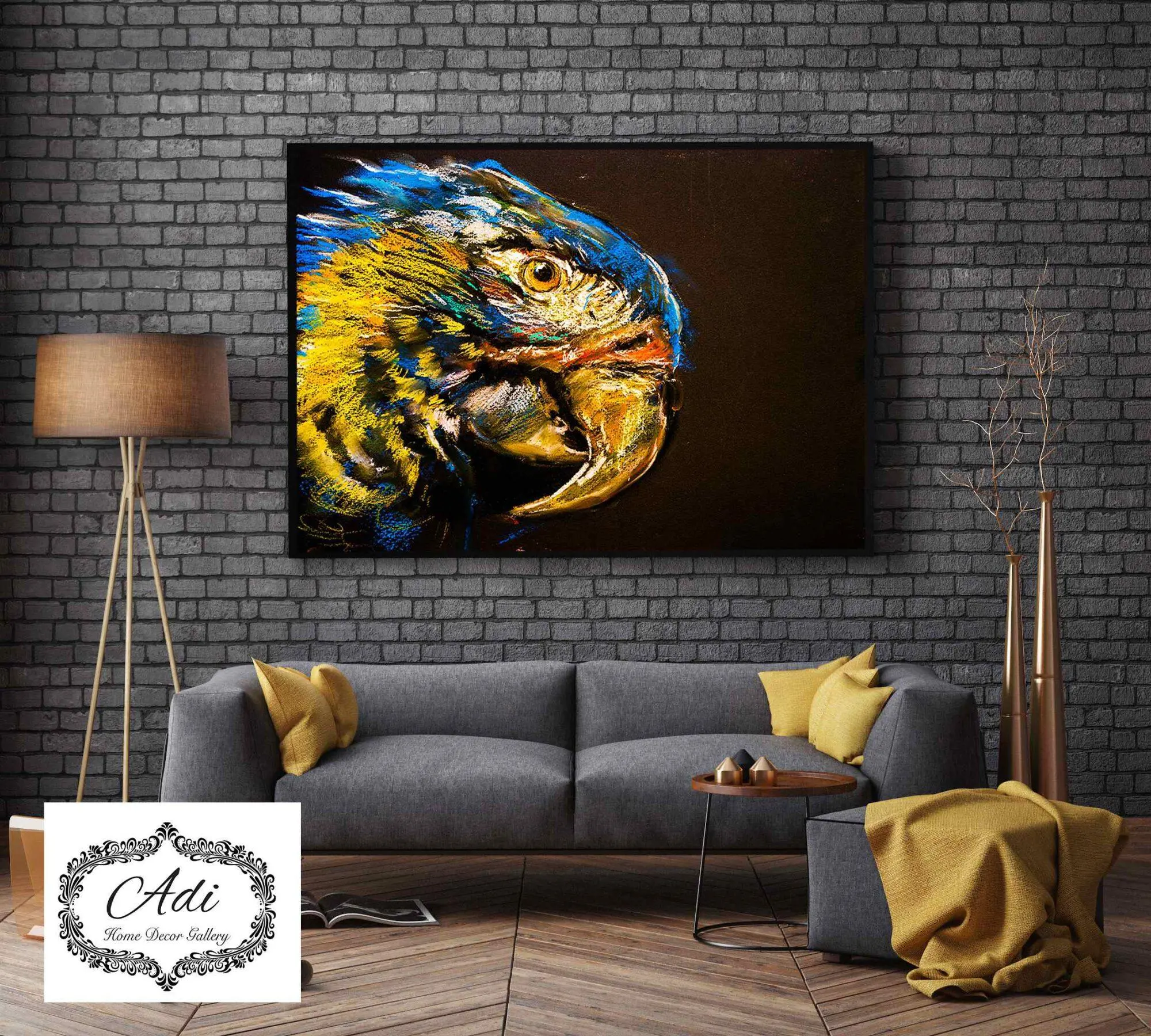 תמונה של טוקי צבעוני ציפור אומנותי טורכיז חרדל רקע כהה