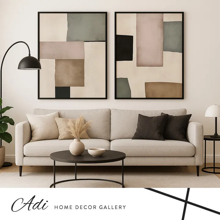 זוג תמונות קנבס מופשטות בגווני בז’, ירוק־אפרפר וורוד עתיק