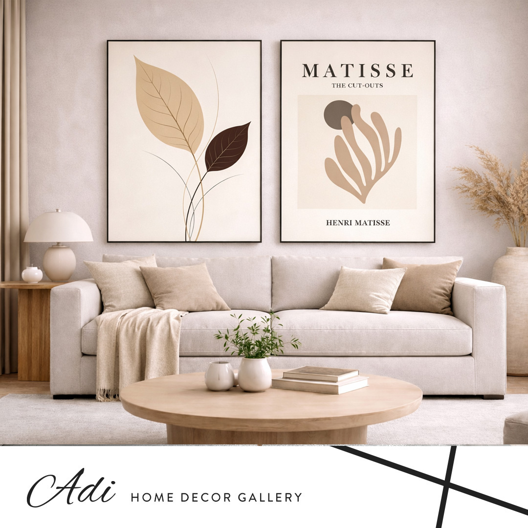 סט תמונות קנבס זוגי בגווני בז’, חום ושמנת בעיצוב מודרני לסלון