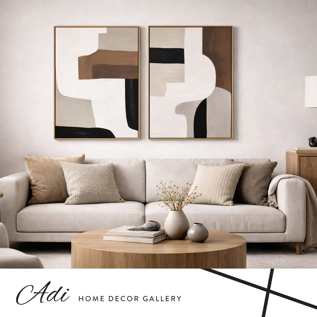 סט תמונות קנבס אבסטרקטי בגווני אדמה חום שמנת ושחור לסלון מודרני