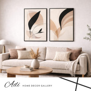 סט תמונות קנבס בגווני בז חום ושחור עם צורות אבסטרקטיות זורמות לסלון