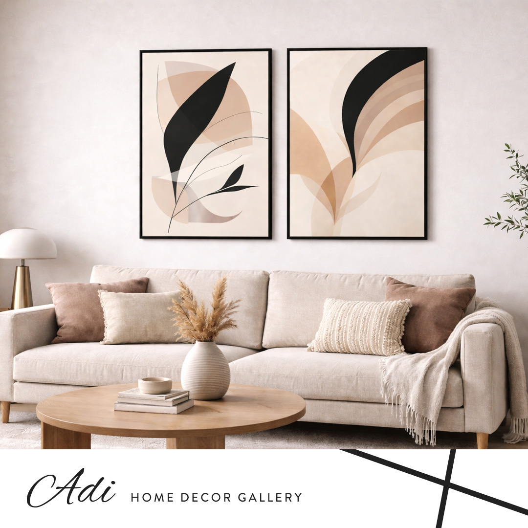 סט תמונות קנבס בגווני בז חום ושחור עם צורות אבסטרקטיות זורמות לסלון