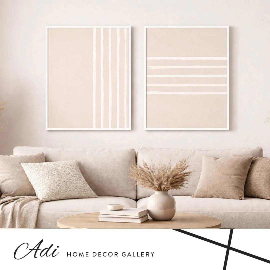 סט תמונות קנבס בגוונים בהירים עם קווים מינימליסטיים עדינים לסלון