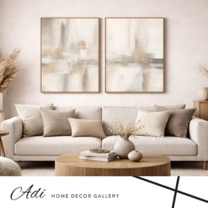 סט תמונות קנבס בגוונים בהירים שמנת בז ואפור לסלון מודרני