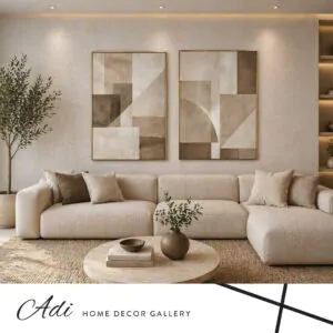 סט תמונות קנבס גיאומטרי בגווני אדמה עם נגיעות זהב לסלון מודרני