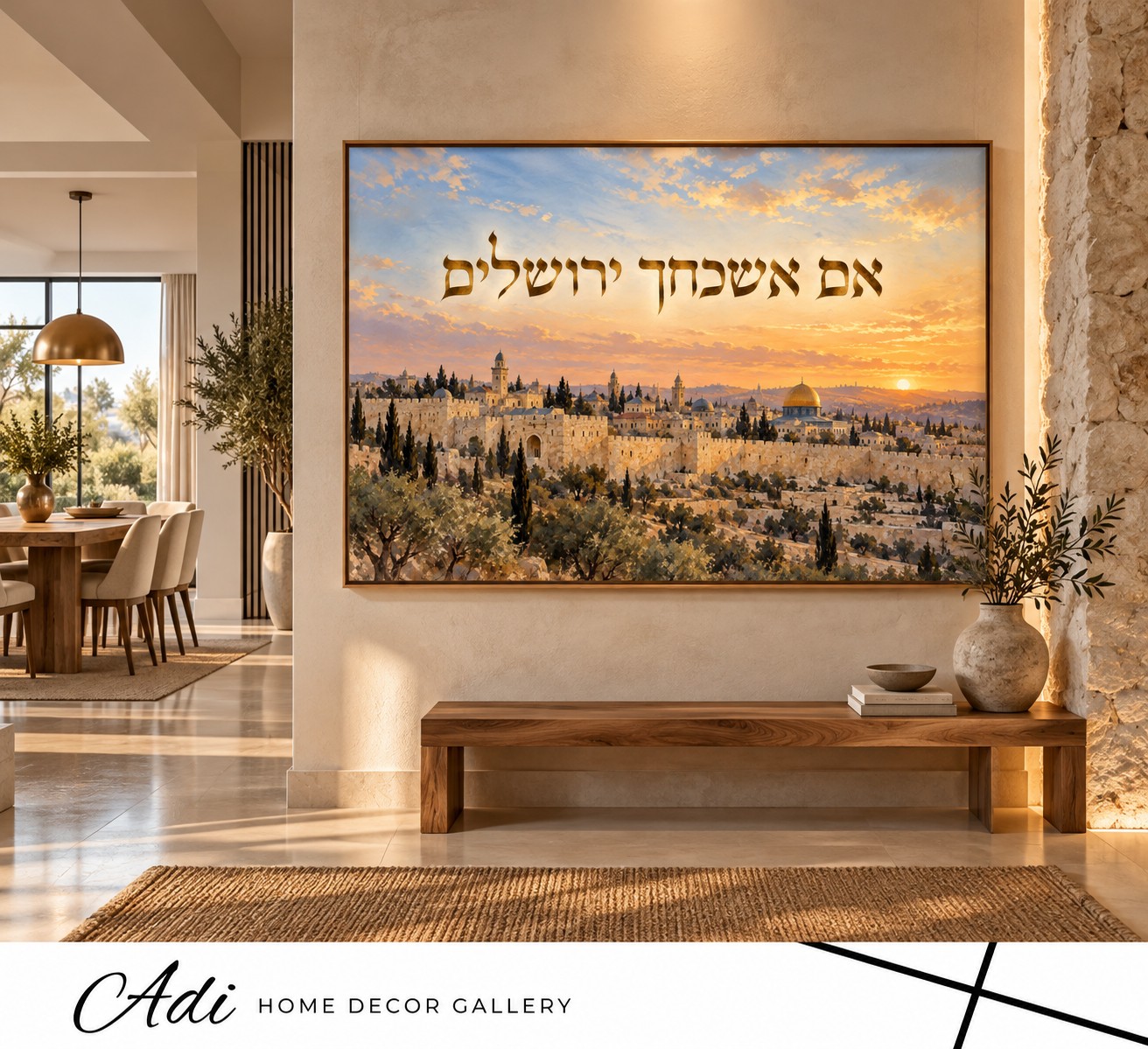 אור בירושלים – תמונת ירושלים לסלון עם חומות העיר בשקיעה והכיתוב אם אשכחך ירושלים