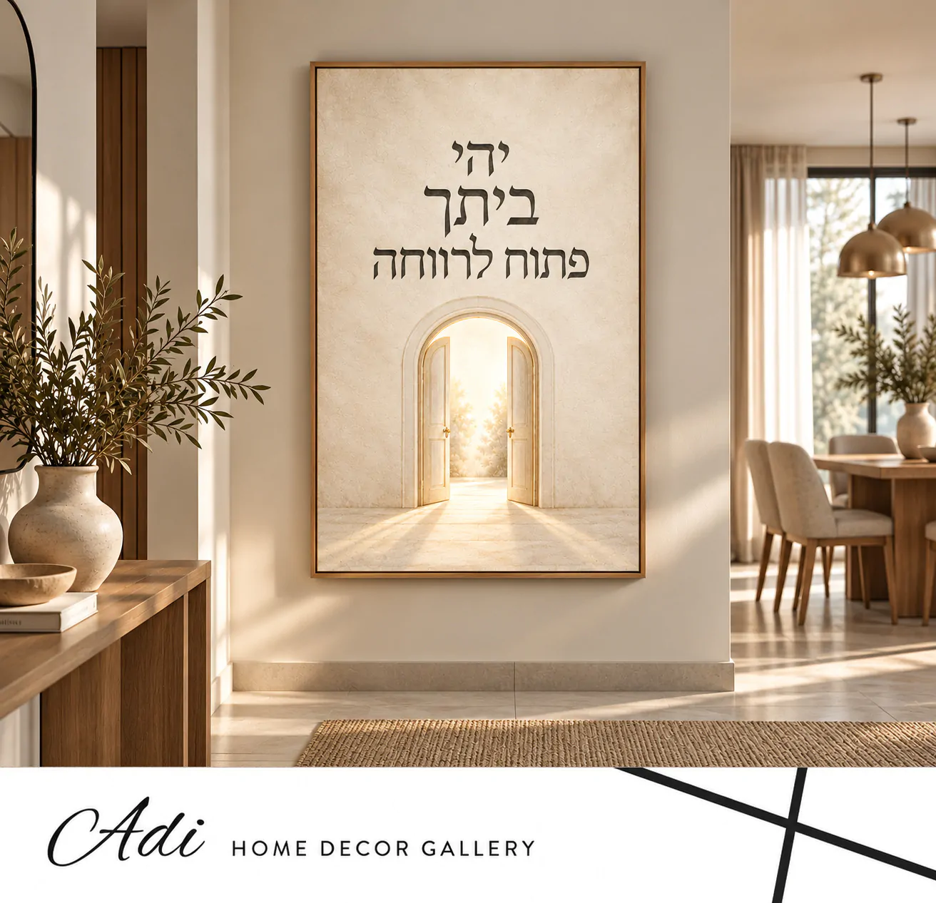 בית פתוח לברכה – תמונת ברכה לבית עם הכיתוב יהי ביתך פתוח לרווחה ודלתות פתוחות באור זהוב