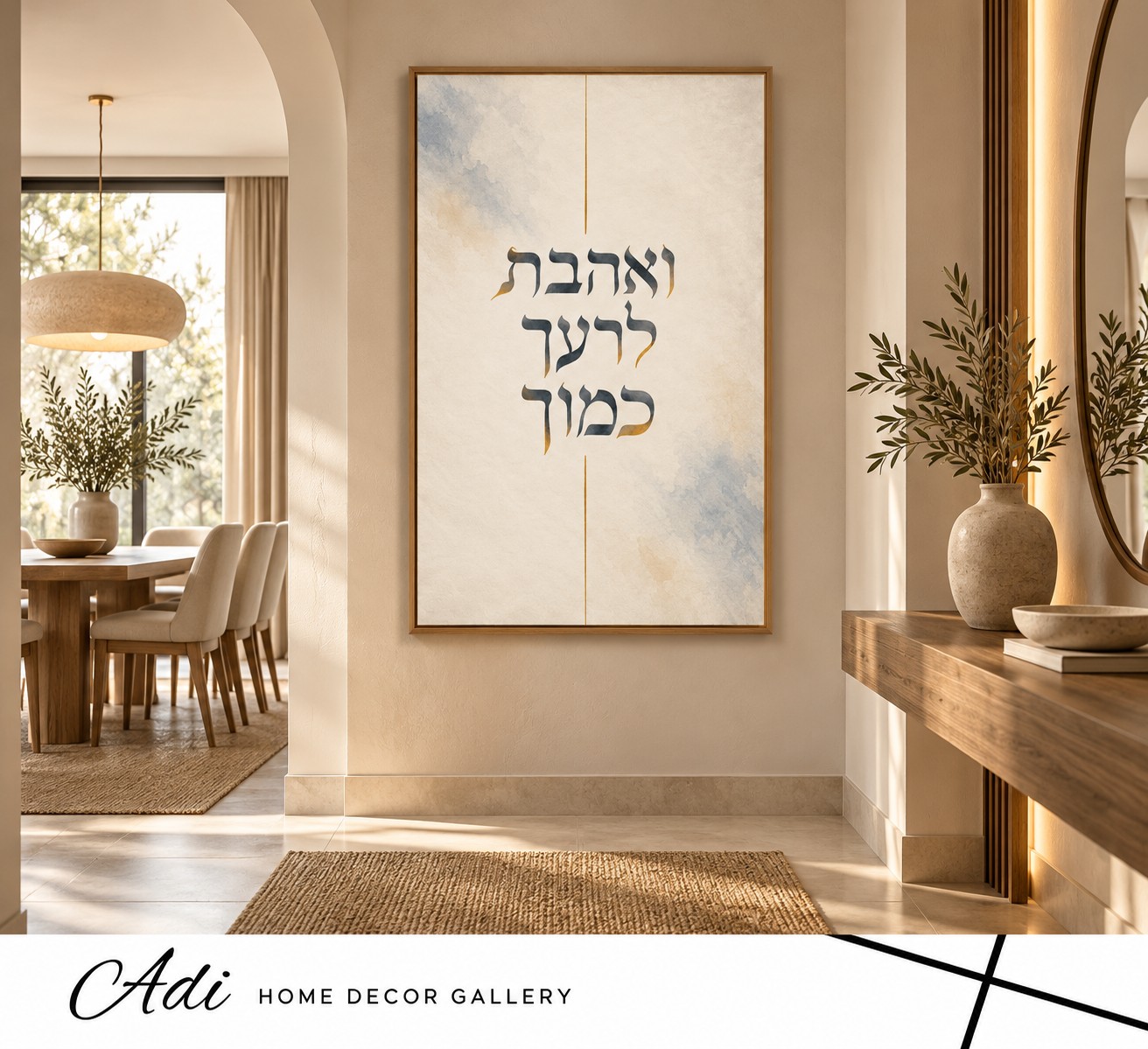 דרך הלב – תמונת ואהבת לרעך כמוך בגווני שמנת ותכלת עם נגיעות זהב