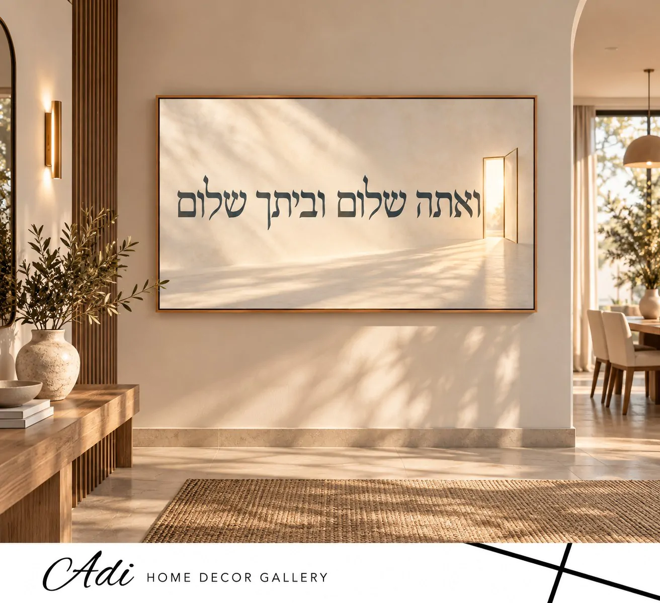שער לשלום – תמונת ברכה לבית עם הכיתוב ואתה שלום וביתך שלום ודלת פתוחה באור זהוב
